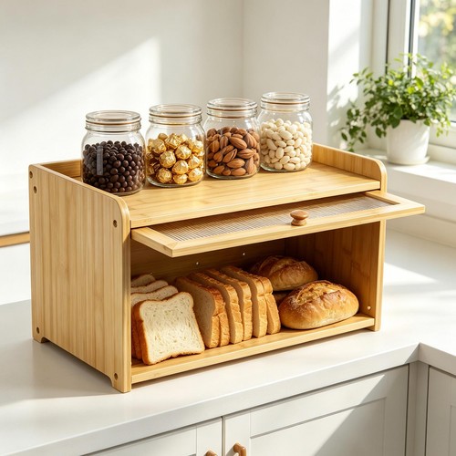 Bamboo wooden bread bin food - wooden,
